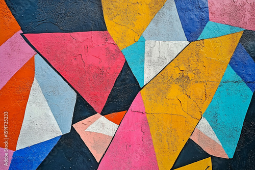 Colorful abstract geometric pattern with triangles and textures.