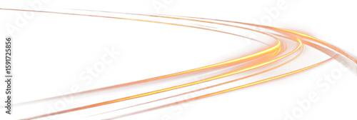 Glowing orange light lines are isolated, with a glow effect. Shiny curved lines in the shape of an arrow are a design element. Light trails.