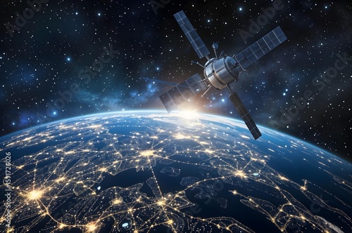 Satellite Orbiting Earth: A detailed shot of a satellite in orbit around the Earth, illuminated by the vibrant sunrise, offering a breathtaking spectacle of space exploration.