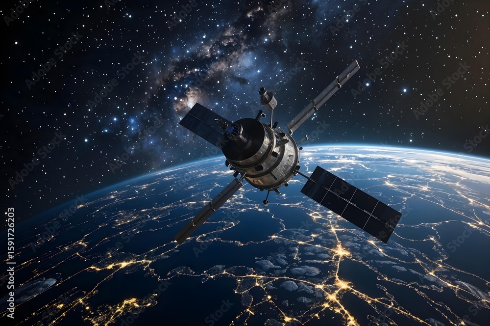 Naklejka premium Space exploration and Satellite above Earth: A captivating perspective from space showcases a sleek satellite gracefully orbiting the Earth, bathed in the soft glow of celestial light.