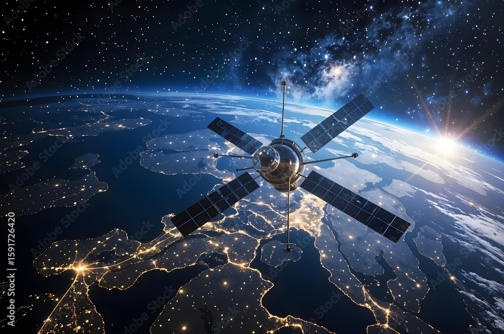 Naklejka premium Satellite Orbiting Earth: A high-angle, photorealistic image showcases a satellite orbiting Earth against a backdrop of the radiant cosmos.