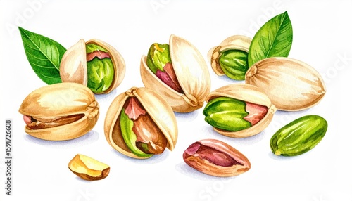 Watercolor pistachios with leaves
