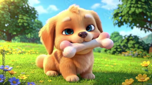 Cute cartoon puppy holding a bone in a grassy field