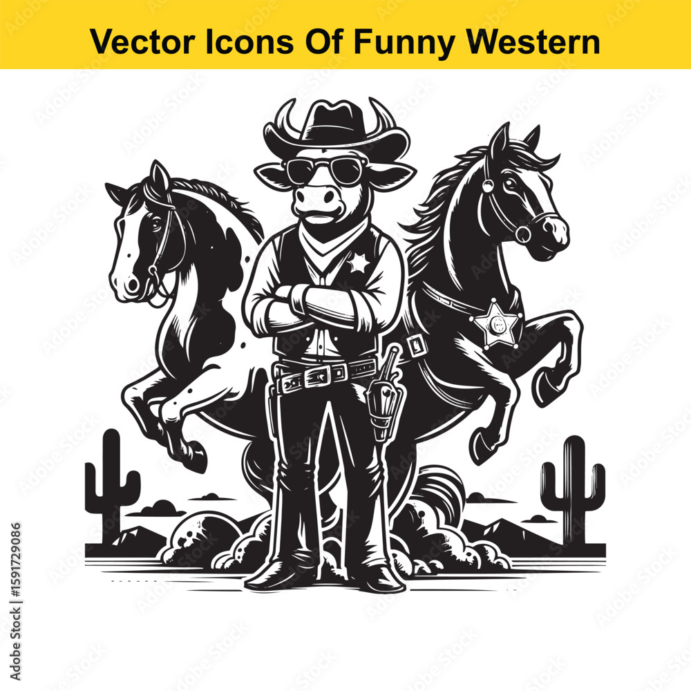 Fototapeta premium Cowboy with Two Rearing Horses – Western Line Art Vector