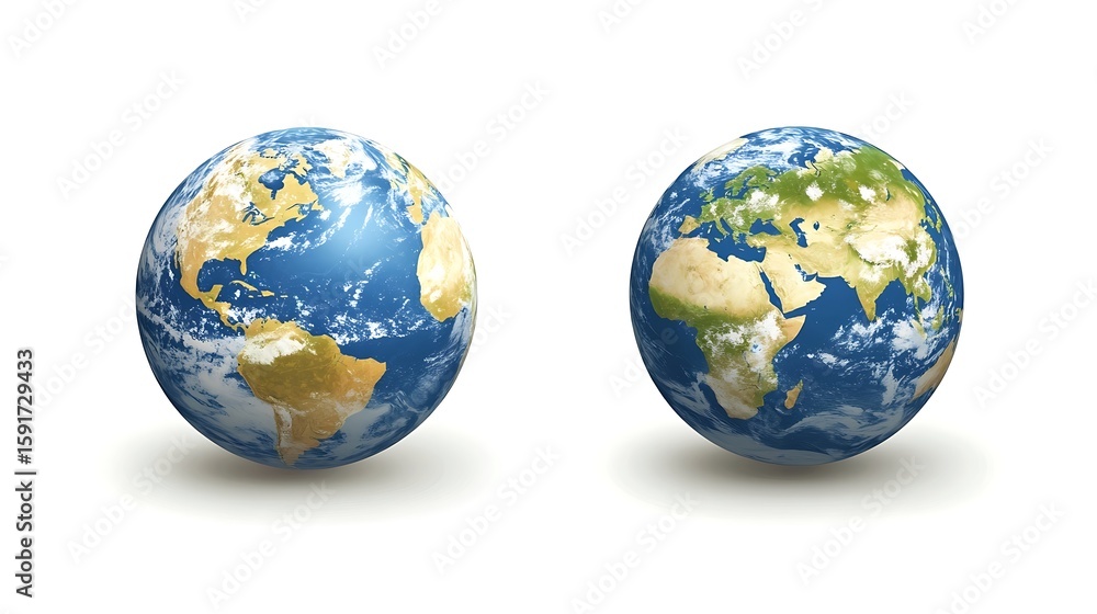 Fototapeta premium Two Earth Globe Models Showing Different Continents Isolated on White