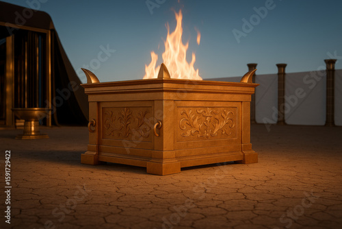 Brazen Altar with Fire in Tabernacle Courtyard
