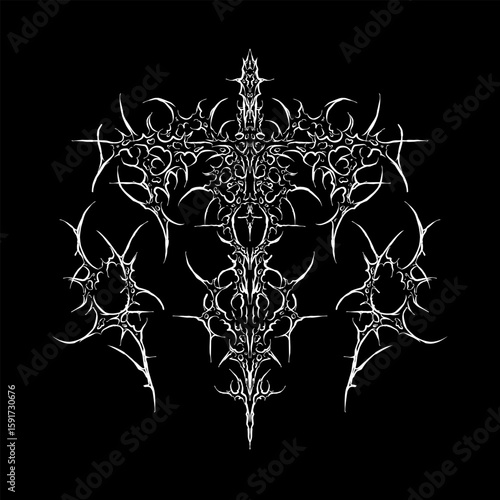 Neo tribal cyber sigilism cross abstract symmetrical style, sharp gothic lines. Perfect for t-shirts, stickers, posters, and digital prints.