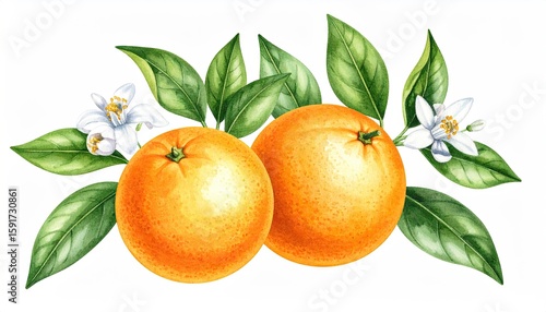 Watercolor oranges with blossoms and leaves