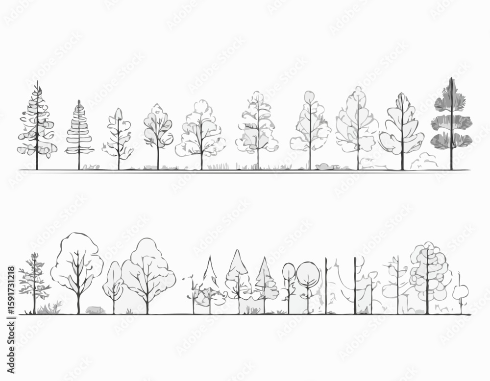 Obraz premium Architectural Drawings, Minimal style cad tree line drawing, Side view, set of section forest outline for landscape design drawing. Vector illustration