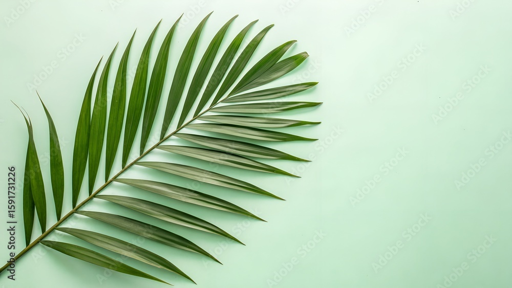 Fototapeta premium A single green tropical palm leaf is placed in the right corner against a pastel colored background. design illustration