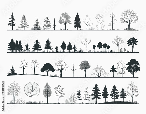 Architectural Drawings, Minimal style cad tree line drawing, Side view, set of section forest outline for landscape design drawing. Vector illustration