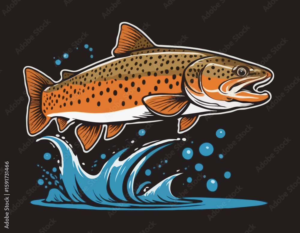 Fototapeta premium Brown Trout Logo. Unique, Bold, and Eyecatching Brown trout jumping out of the water. Suitable for any Brown Trout Fishing events. Print on Tshirt etc