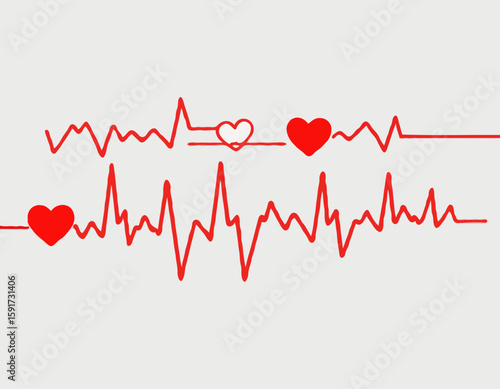 Red heartbeat line collection with heart symbol, cardiology, medical pulse, ECG, EKG design, healthcare clipart vector illustration, health monitoring, digital heartbeat graphics