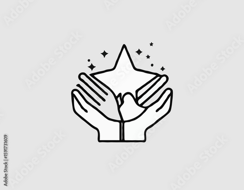 Outline icon value, best score, high quality product, experience. Line sign human hands holding-hugging star symbol. Vector isolated pictograms for web on white background editable stroke.