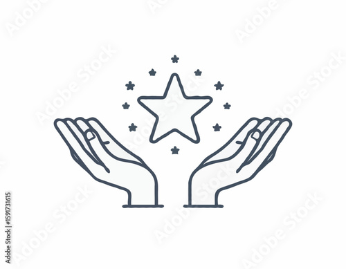Outline icon value, best score, high quality product, experience. Line sign human hands holding-hugging star symbol. Vector isolated pictograms for web on white background editable stroke.