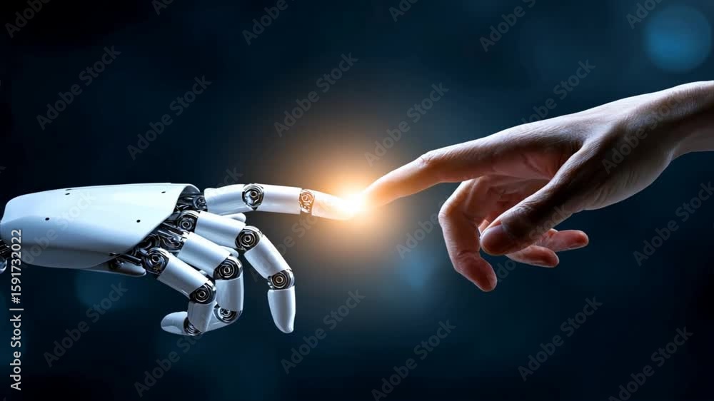 Robotic hand and human finger meeting in close touch, representing robotic intelligence and robot assistant working with human technology