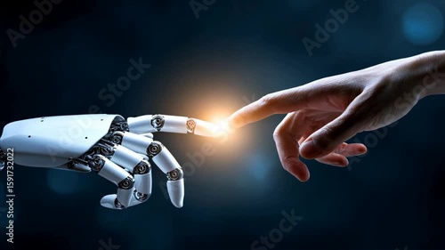 Robotic hand and human finger meeting in close touch, representing robotic intelligence and robot assistant working with human technology