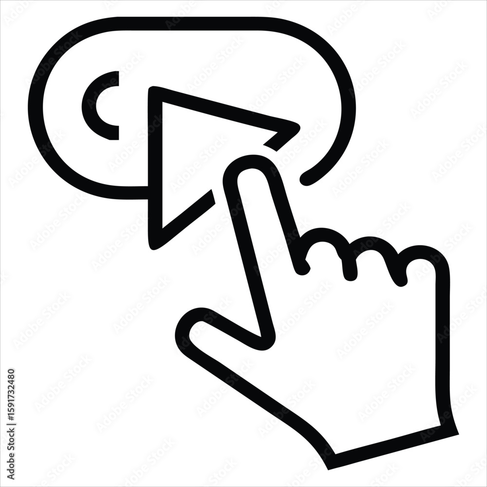 A simple black line drawing shows a human finger pointing towards a play button or forward arrow within a circular outline. ideal for user interface design, mobile app icons, website tooltips A simple black line drawing shows a human finger pointing towards a play button or forward arrow within a circular outline. ideal for user interface design, mobile app icons, website tooltips