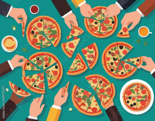 Vector illustration of hands taking pizza slices from table at corporate party. Hungry friends eating Italian fast food together. Family holding pieces
