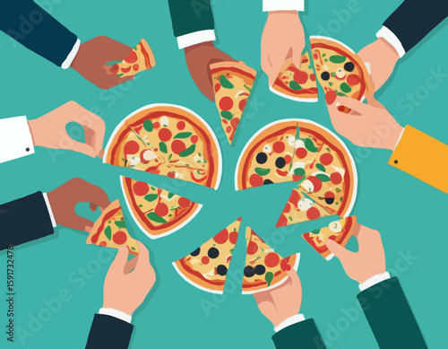 Vector illustration of hands taking pizza slices from table at corporate party. Hungry friends eating Italian fast food together. Family holding pieces