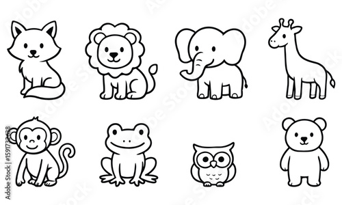 A simple black and white outline icon set of jungle animals including lion, elephant, monkey, giraffe, owl, frog, and more. Ideal for coloring pages, educational worksheets, kids’ activity books,