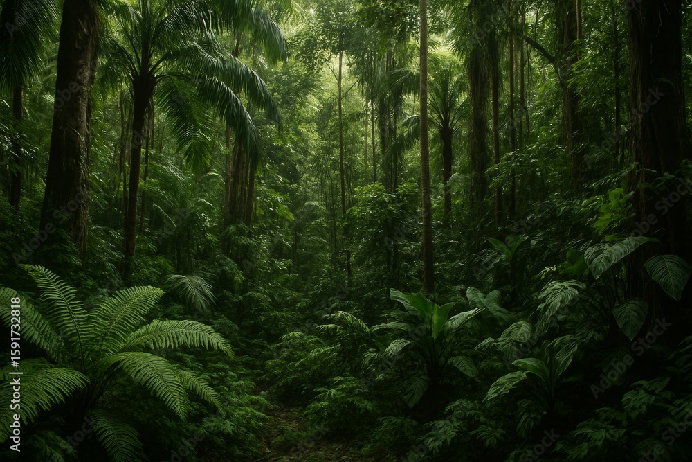 Fototapeta premium Lush Tropical Forest with Dense Foliage and Sunlight Filtering Through