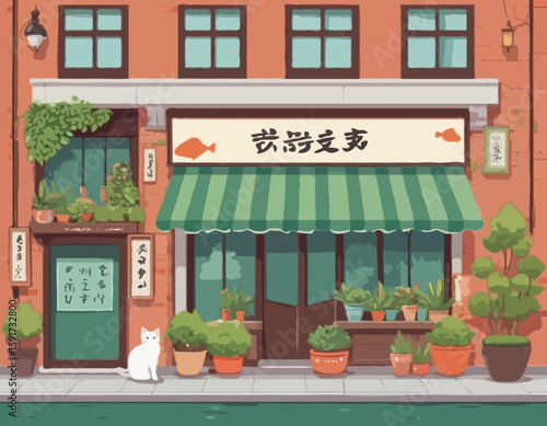 Japanese city street shop facade with green awning and traditional curtains, brick walls, topiary plants in pots and wooden signboard with cute cat and fish. For urban oriental background design