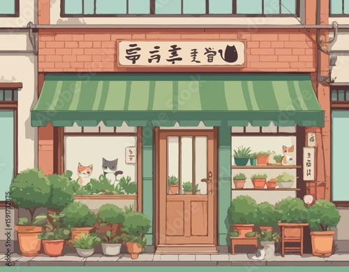 Japanese city street shop facade with green awning and traditional curtains, brick walls, topiary plants in pots and wooden signboard with cute cat and fish. For urban oriental background design
