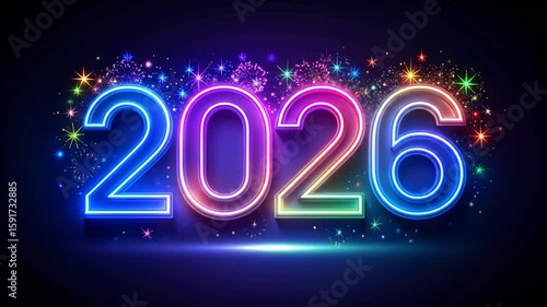 A vibrant neon 2026 text in diverse hues, set against a dark blue backdrop with fireworks. Festive and celebratory