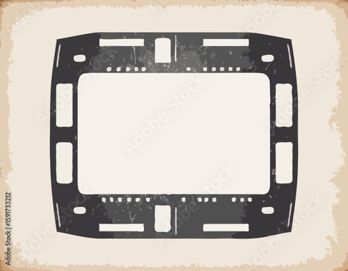 Single film strip frame template with empty slot, vintage cinema reel with grunge grainy texture. Modern retro vector illustration isolated on transparent background