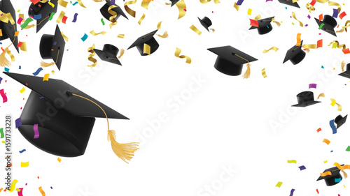 Lively Black Graduation Caps Soaring Skyward Accompanied by Falling Confetti and Multicolored Golden Streamers Symbol of Academic Achievement Graduation