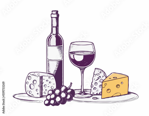 Composition of wine glass, bottle, cheese and grape. Sketch style illustration for poster or invitation to party