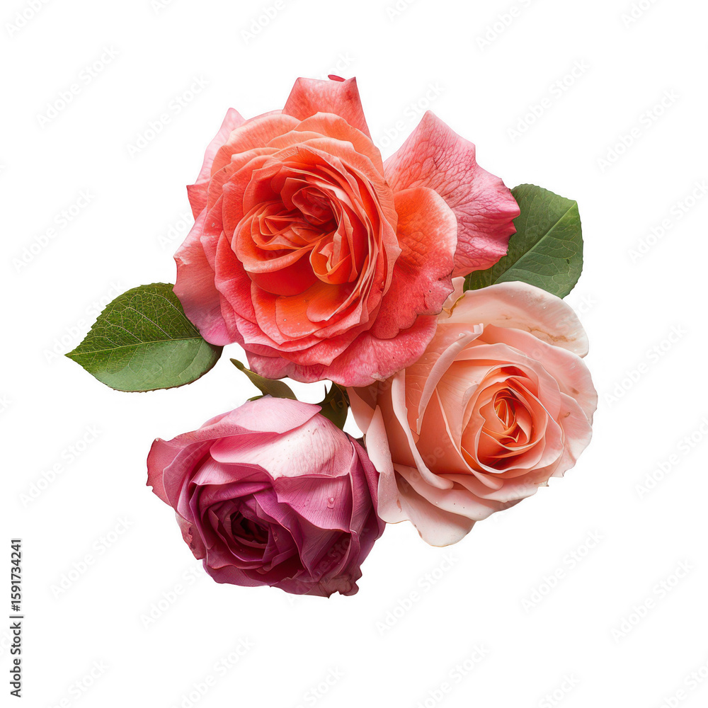 Close-up of three vibrant roses in peach, pink, and coral hues Close-up of three vibrant roses in peach, pink, and coral hues