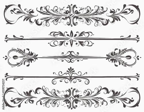 ornamental text divider, elegant border design elements, perfect for web, page decoration, invitations, cards. Vintage style, monochromatic, vector set. Unique, intricate swirls, curls, shapes