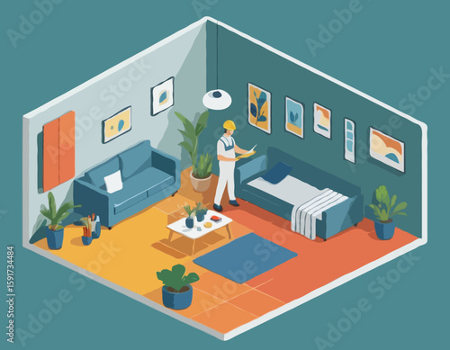 Painting walls service interior vector 3D isometric illustration, job professional renovation, residential flat renovate, apartment or house interior decoration.
