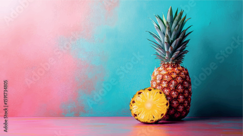 Pineapple isolate close-up. Orange juice. Pineapple banner. Pineapple slices. Tropical fruit.	