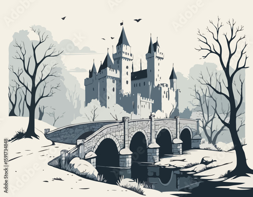 Medieval old gothic castle with a bridge, trees and village in the background. Flat design. Vintage Poster.