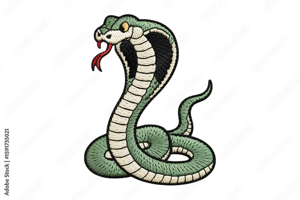 Fototapeta premium Embroidered green cobra snake reptile black