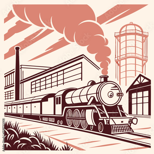 A retro steam locomotive in a smoke clouds moves quickly against the backdrop of industrial buildings, railway workshops and depots. Handmade drawing vector illustration. Art deco style