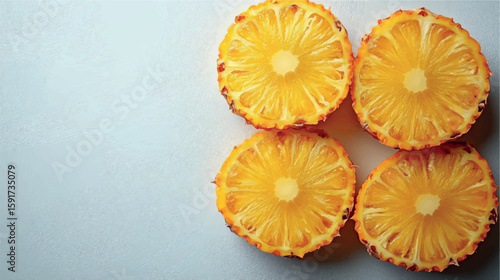 Pineapple isolate close-up. Orange juice. Pineapple banner. Pineapple slices. Tropical fruit.	