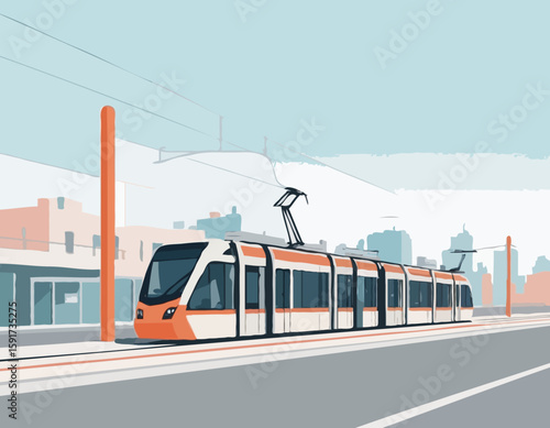Tramway moderne, station de tramway et bâtiments de la ville isolés sur fond blanc. Concept de transport public