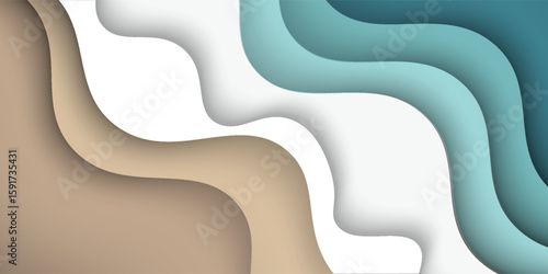 Abstract blue sea and beach summer background with paper waves and seacoast for banner, invitation, poster or web site design. Paper cut style, 3d effect imitation