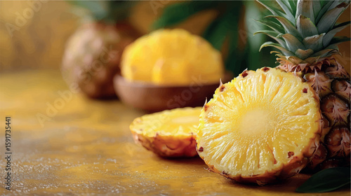 Pineapple isolate close-up. Orange juice. Pineapple banner. Pineapple slices. Tropical fruit.	