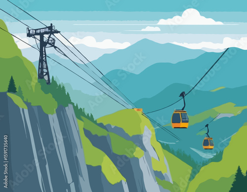 Cableway in mountains. People in cars, cabins of aerial cable lift, rope way on summer holiday. Tourists travel by cablecar of ropeway, looking nature landscapes, panorama. Flat vector illustration st