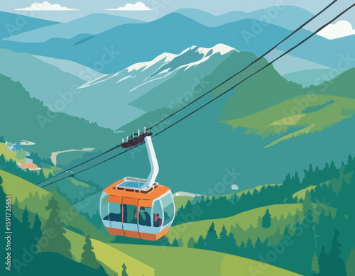 Cableway in mountains. People in cars, cabins of aerial cable lift, rope way on summer holiday. Tourists travel by cablecar of ropeway, looking nature landscapes, panorama. Flat vector illustration st