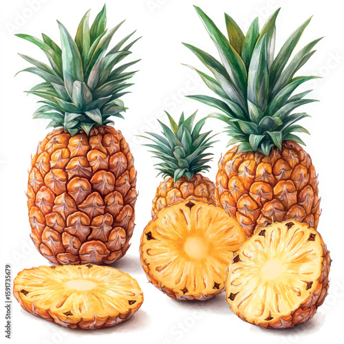 Pineapple isolate close-up. Orange juice. Pineapple banner. Pineapple slices. Tropical fruit.	