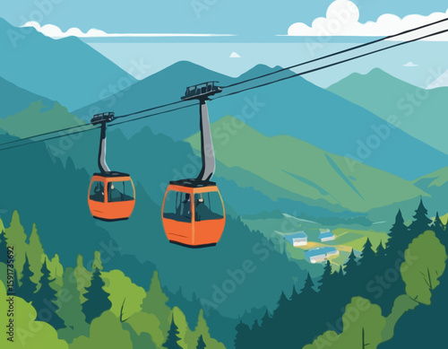 Cableway in mountains. People in cars, cabins of aerial cable lift, rope way on summer holiday. Tourists travel by cablecar of ropeway, looking nature landscapes, panorama. Flat vector illustration st