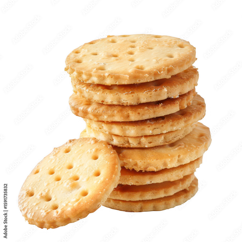 Stacked round crackers, light golden color, many small holes Stacked round crackers, light golden color, many small holes