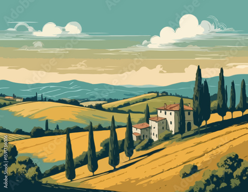 Countryside scenery in Tuscany, Italy. Handmade drawing vector illustration. Vintage style. Engraved old sketch style colorful vector.