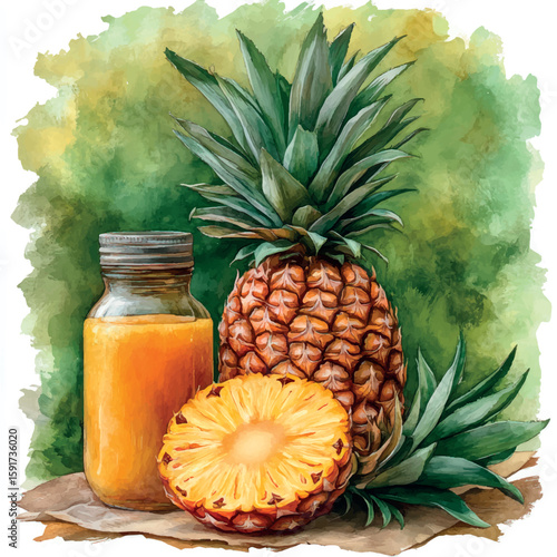 Pineapple isolate close-up. Orange juice. Pineapple banner. Pineapple slices. Tropical fruit.	